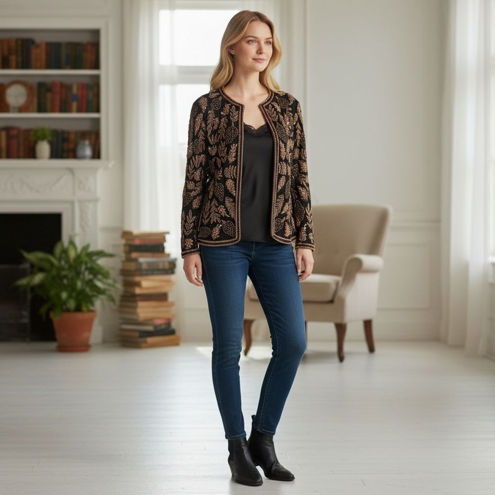 Vintage Black Silk Jacket with Tan, Gold, and Black Beads & Sequins | Candleligh